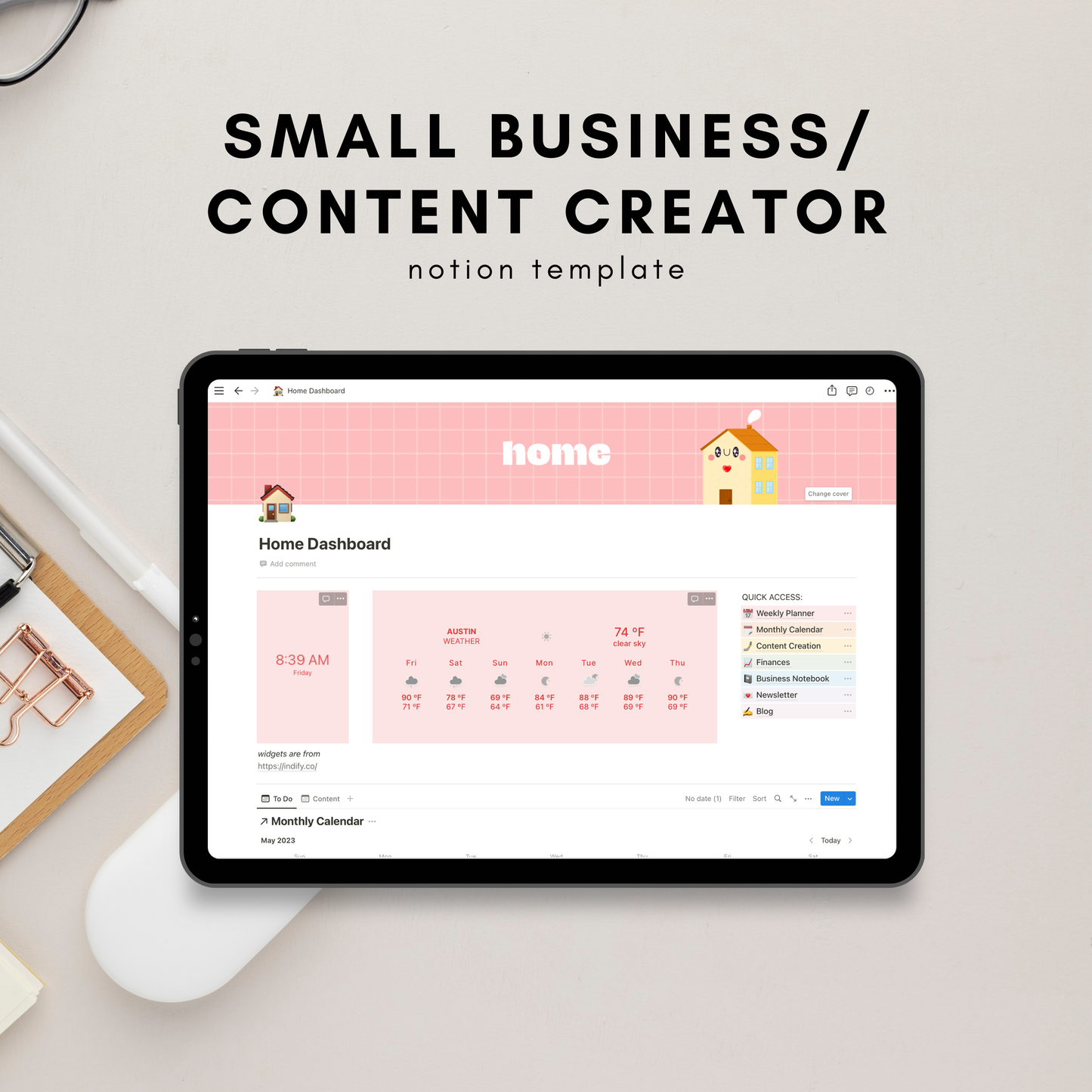 Small Business/Content Creator Dashboard Notion Template